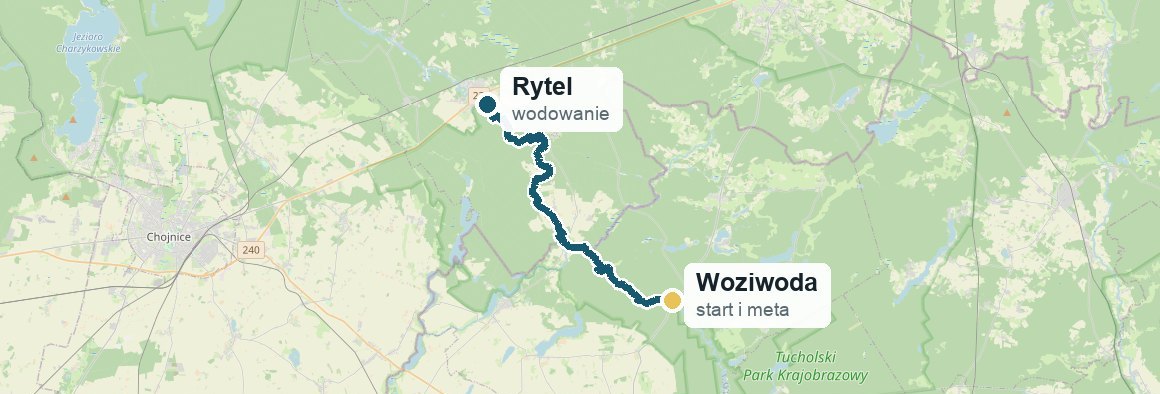 Loop map on the Brda: put-in at Rytel, start and finish at Woziwoda